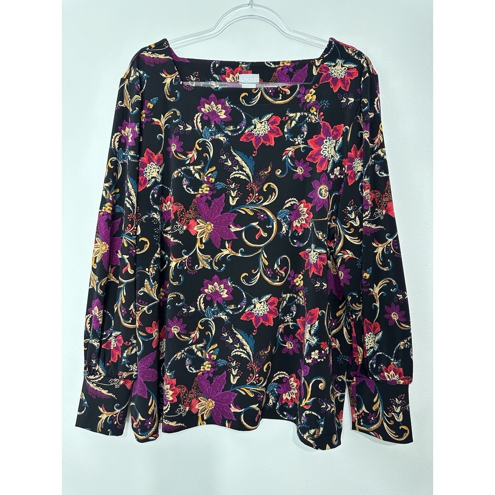 Chicos Black Floral Blouse Size XL Long Sleeve
